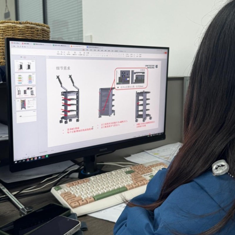 medical cart OEM requirement confirmation process by Juyi Medical team for custom endoscopy cart projects