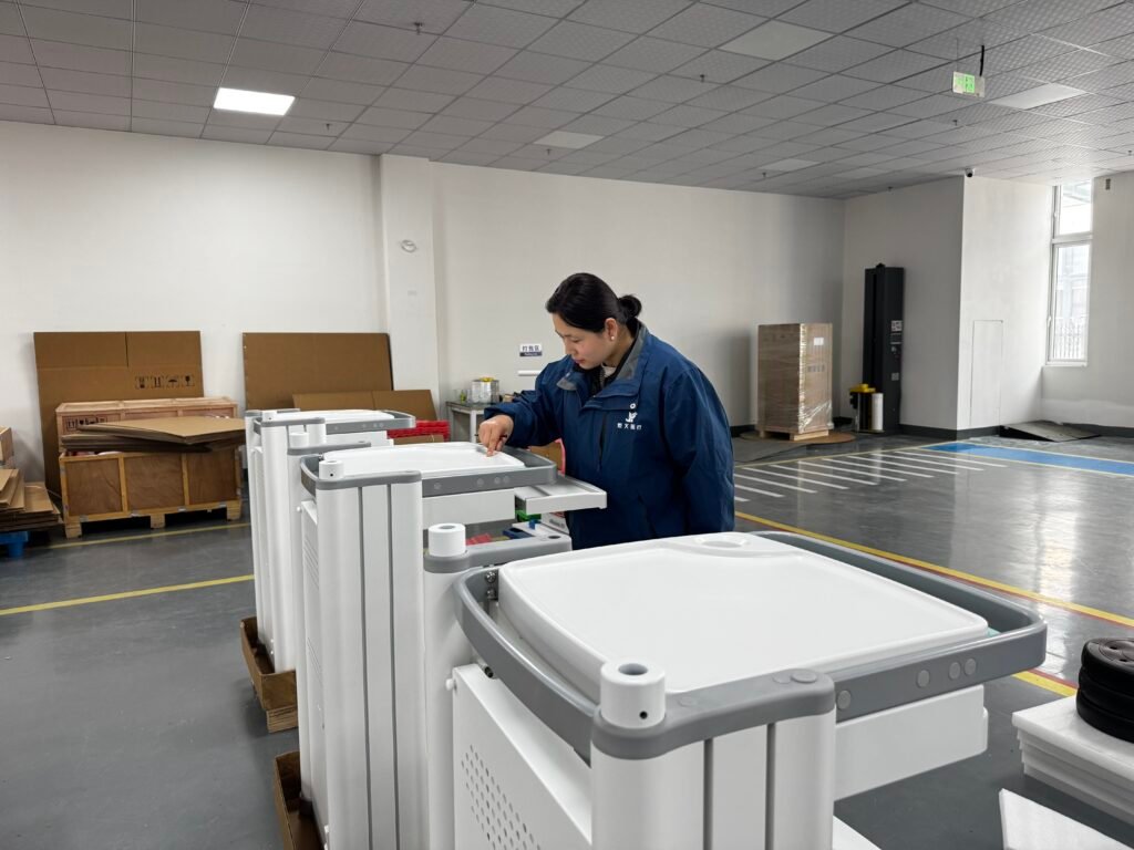 final product inspection for medical cart quality assurance before delivery by Juyi Medical