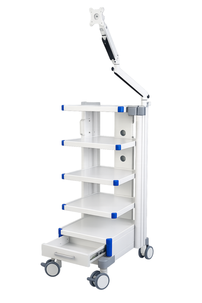 JY-10 medical endoscopy cart by Juyi Medical designed for rigid endoscope systems with stable structure and storage shelves