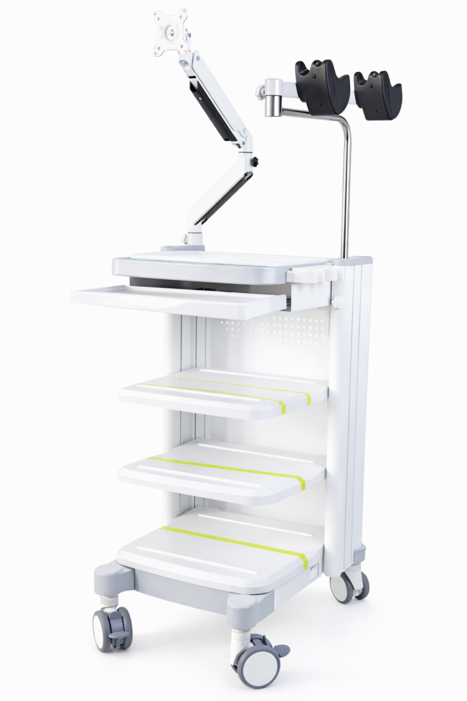 JY-18 medical endoscopy cart by Juyi Medical for flexible endoscope systems with monitor arm and storage shelves